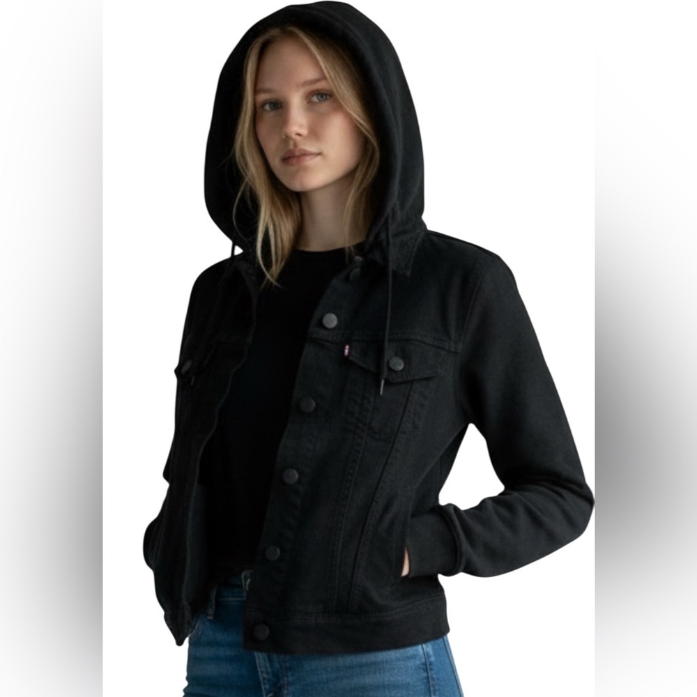 Levi's Black Women's Trucker Jean Jacket, hybrid, sweatshirt sleeves, hoody, XS